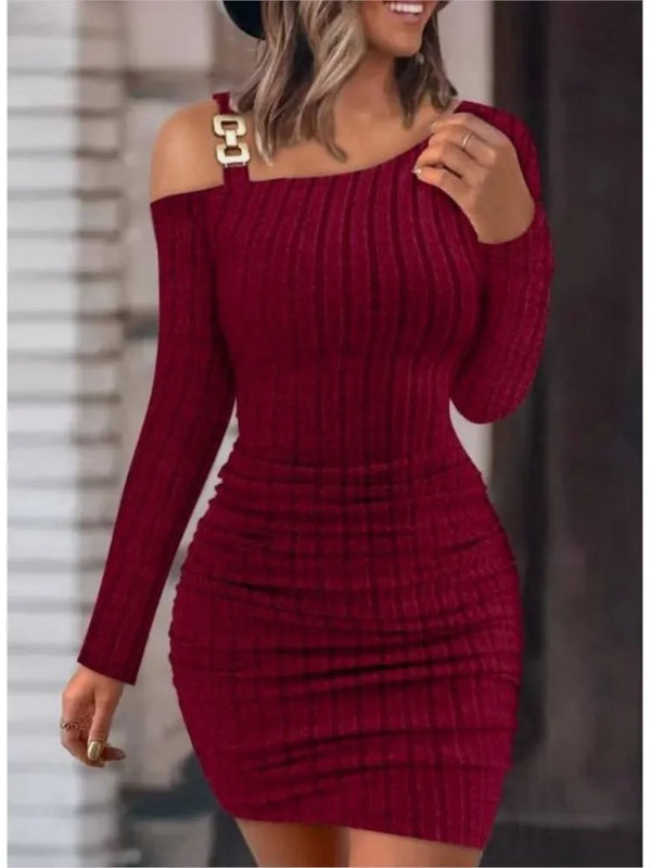 Sexy Chain Off Shoulder Mini Dress Women Bodycon Long Sleeve Winter Dresses